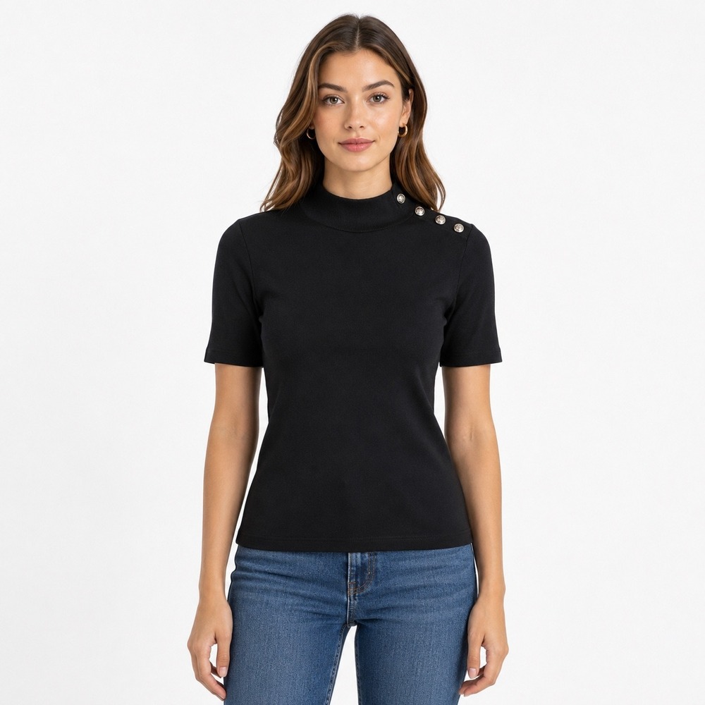 Talbots Black Short Sleeve Mock Neck Button Shoulder Sweater Size S NWT